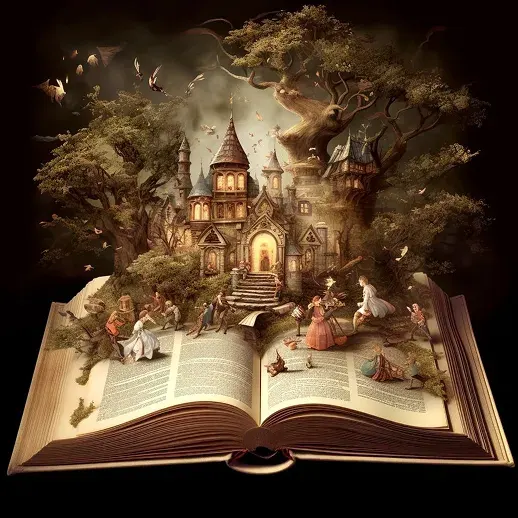 An open book with an illustrated fantasy castle rising from its pages